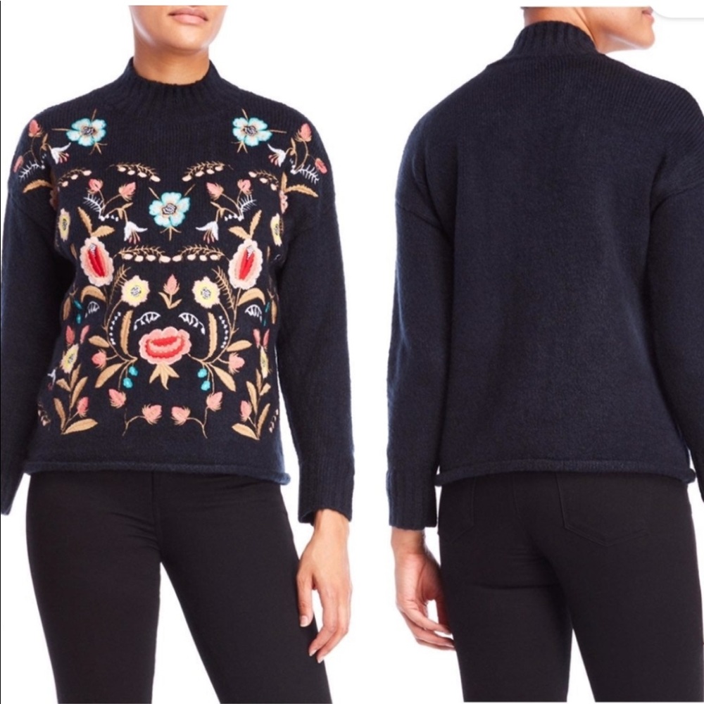 Cliche Mock Neck Sweater Thick Fuzzy Warm Quality Embroidered Flowers Floral